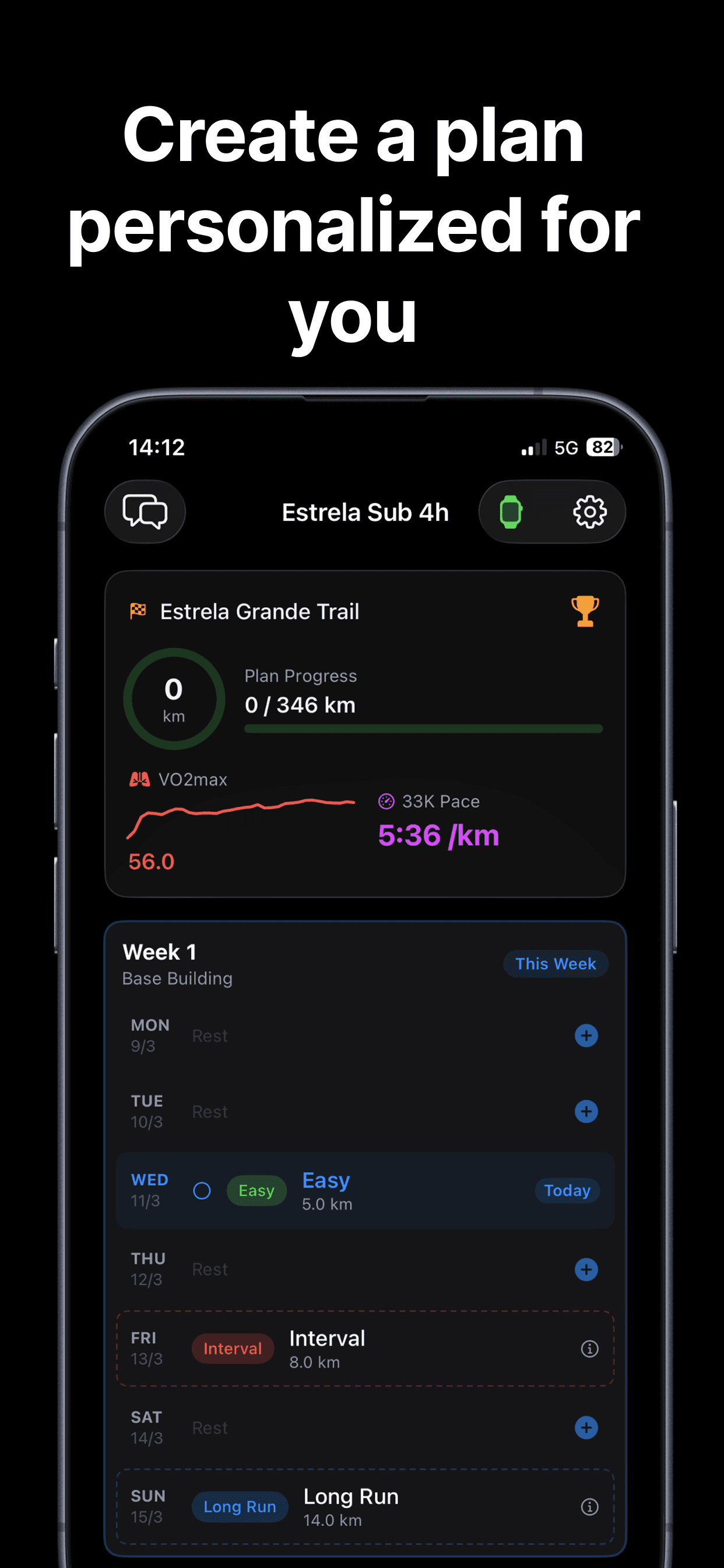 RunAI app showing a personalized weekly running training plan